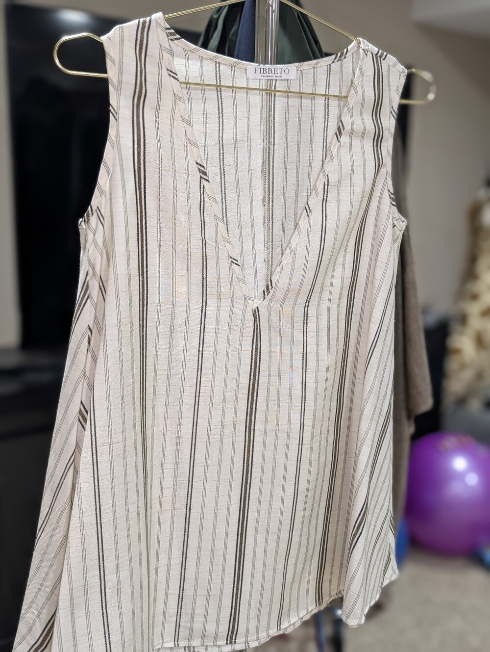 Fibreto Sleeveless Striped V-Neck Blouse - Cream & Black
